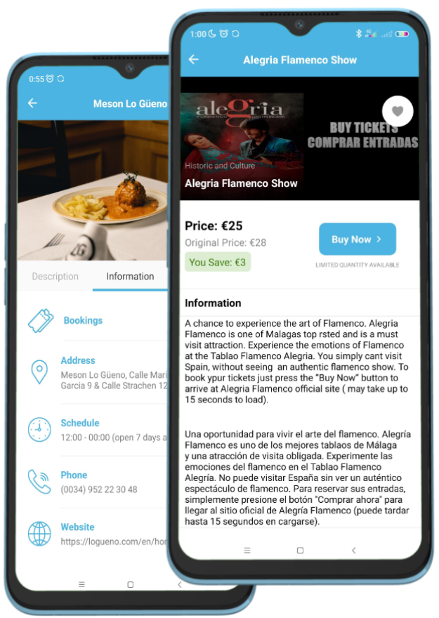 Two phones showing screenshots of Malaga travel guide app showing booking pages for a flamenco attraction and restaurant