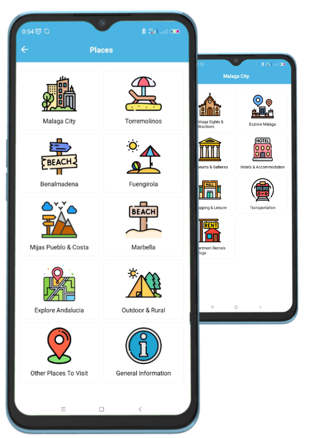 Screenshots of two mobile devices showing the Malaga App essy to use categories to navigate the app quickly and essily.
